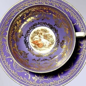 Vintage Demitasse Cup Saucer Bremer Schmidt BES Purple Gold Cameo GDR Lovers